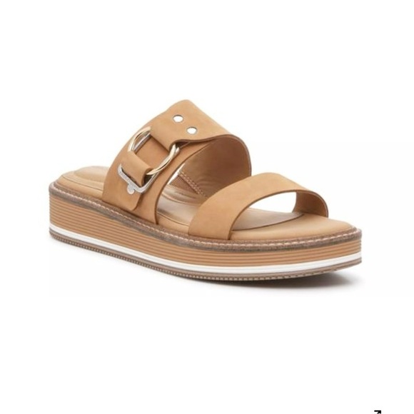 HUSH PUPPIES Malti Leather Sandal Slide sz 9.5M Tan Straps Open Toe Wedge Heel - Picture 1 of 9